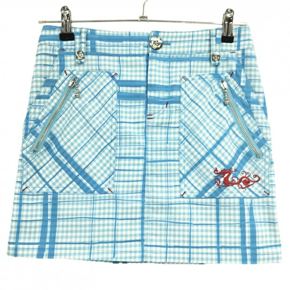 【美品】ダンスウィズドラゴン スカート ライトブルー×白 ギンガムチェック ロゴレッド レディース 1(S) ゴルフウェア Dance With Dragon(4.0)
