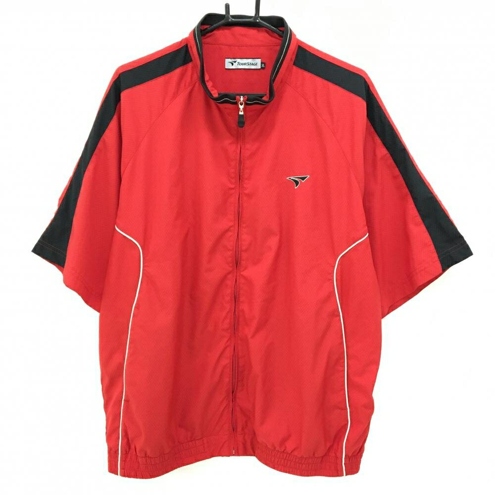 Untitled Sport - 【超美品】ツアーステージ 半袖ブルゾン レッド×黒 地模様 袖ライン ロゴ刺しゅう 大きいサイズ レディース 3L ゴルフウェア TOURSTAGE