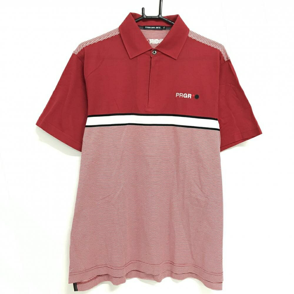 【美品】プロギア 半袖ポロシャツ レッド×白 一部ボーダー ハーフジップ メンズ XL ゴルフウェア PRGR