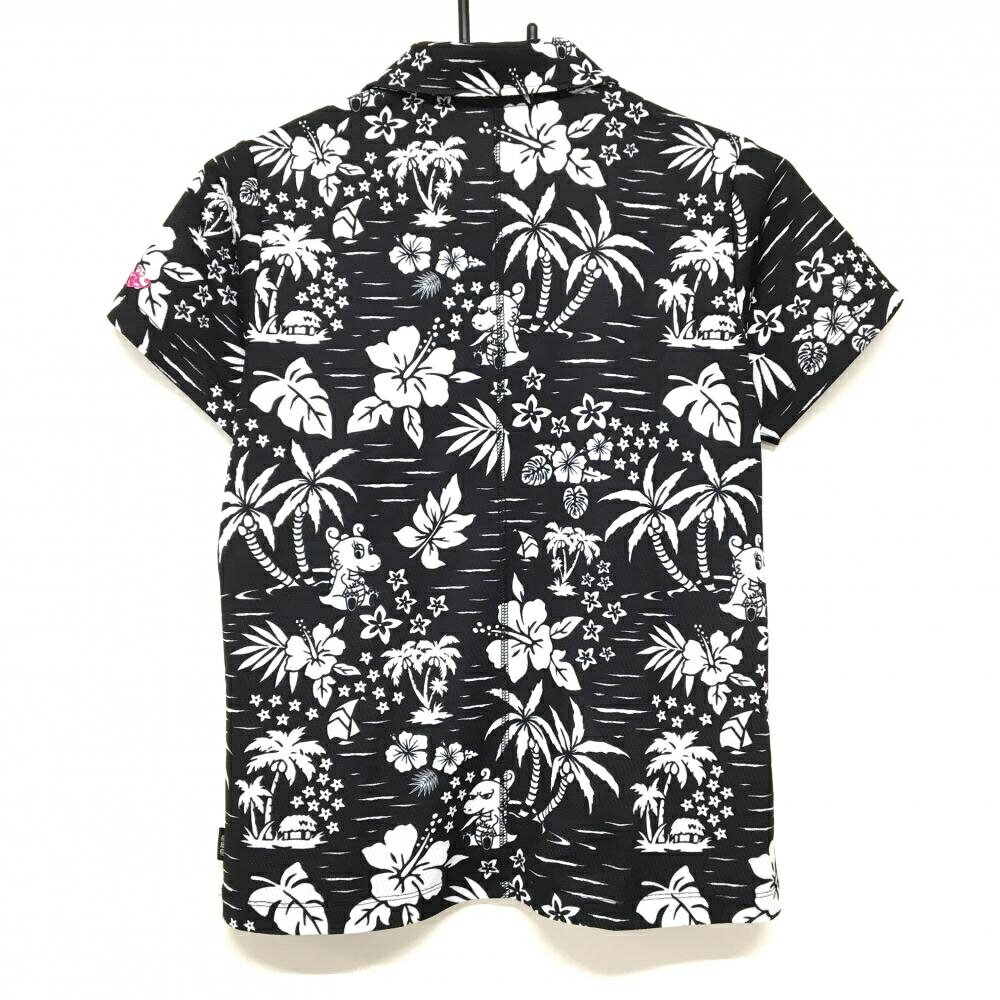 ダンスウィズドラゴン 半袖ポロシャツ 黒×白 総柄 チビドラ ヤシの木 ハイビスカス レディース 2(M) ゴルフウェア Dance With Dragon