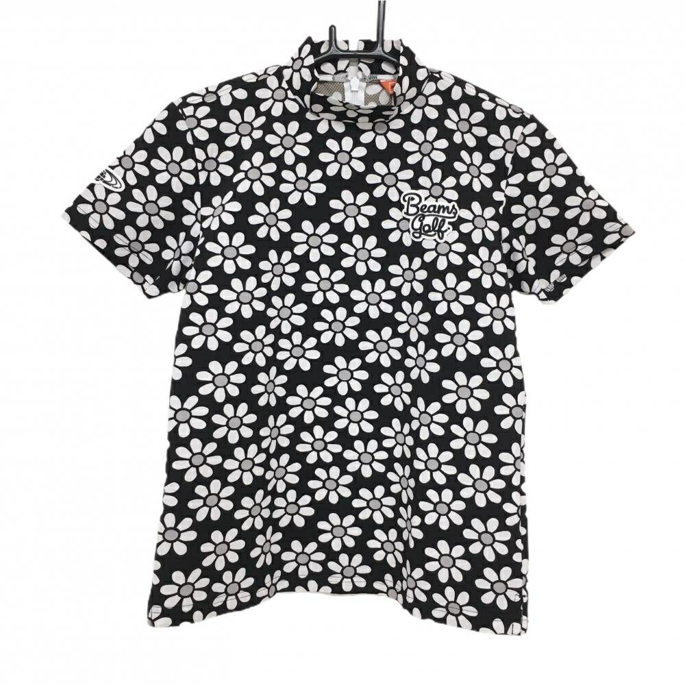 【超美品】ビームスゴルフ 半袖ハイネックシャツ 黒×白 花柄 ロゴワッペン 後ろハーフジップ レディース S ゴルフウェア BEAMS GOLF