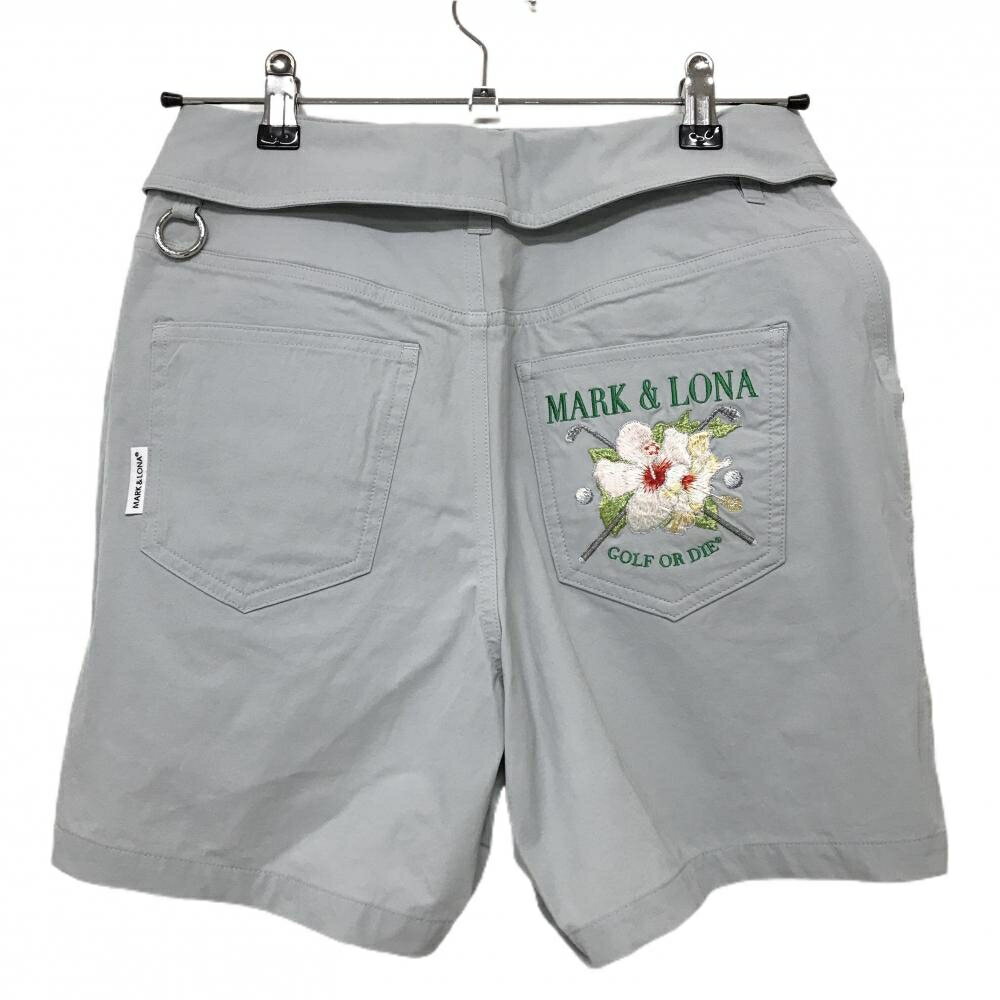 【超美品】マークアンドロナ ショートパンツ ライトグレー ナイロン混 花刺しゅう ロゴグリーン レディース 38(M) ゴルフウェア MARK＆LONA