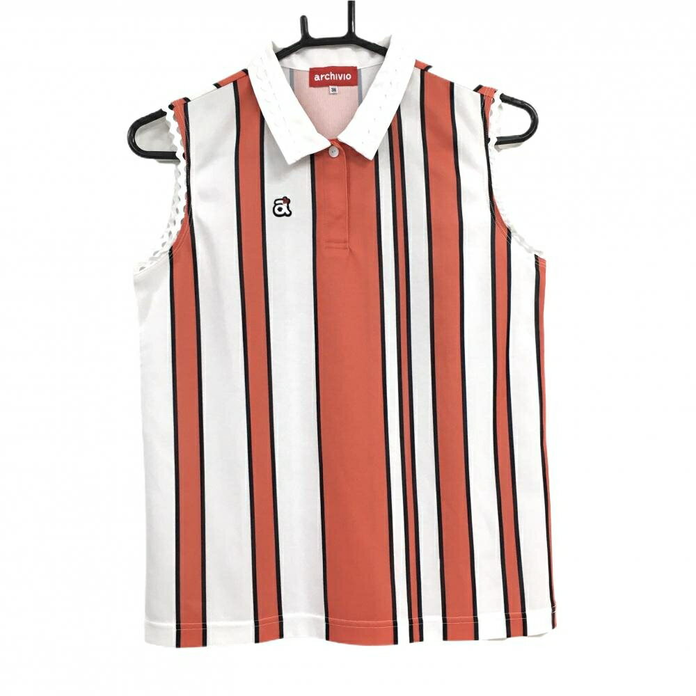 Untitled Sport - 【美品】アルチビオ ノースリーブポロシャツ 白×サーモンピンク系×黒 ストライプ 胸ロゴ レディース 38(M) ゴルフウェア archivio