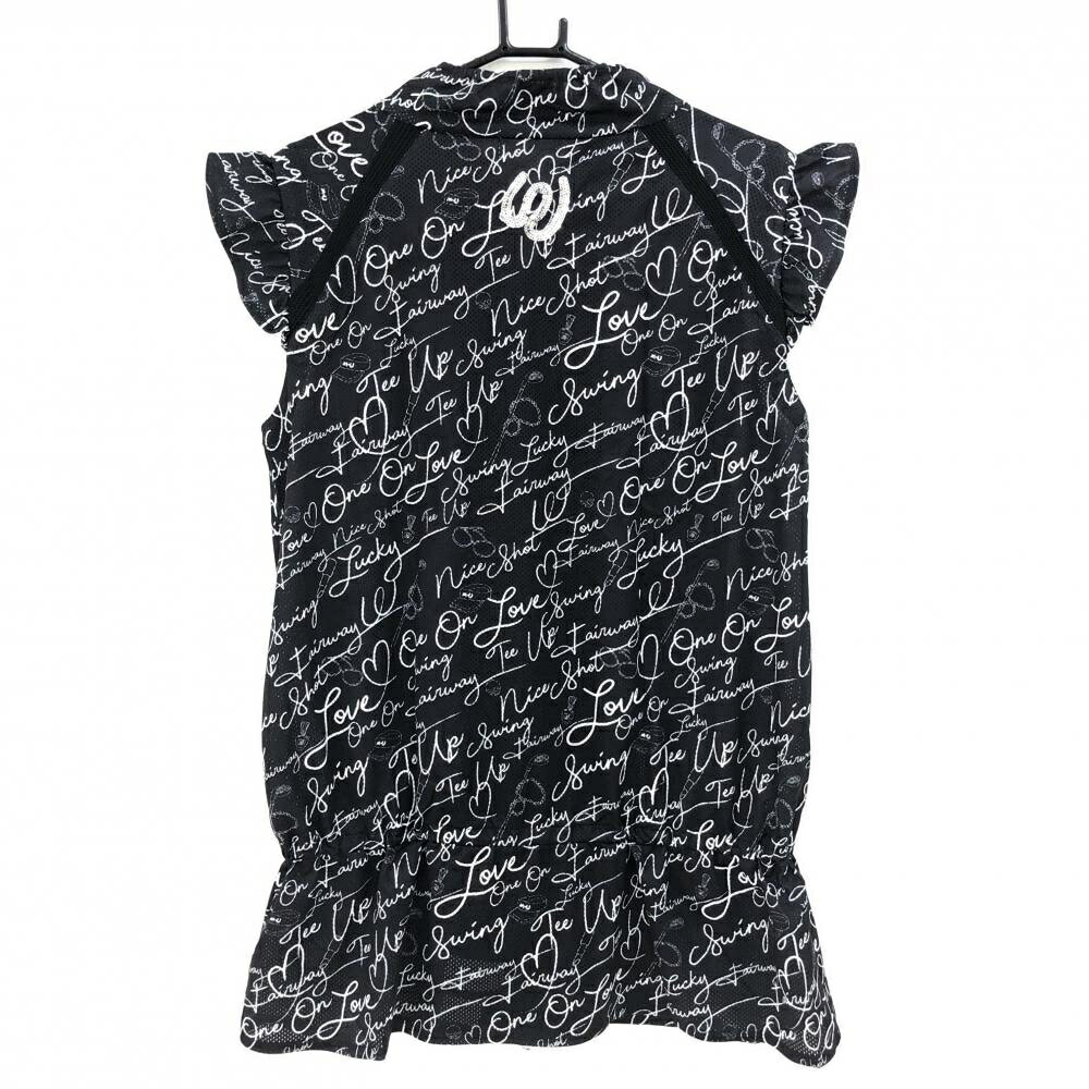 【美品】MUスポーツ ノースリーブワンピース 黒×白 英字総柄 メッシュ フルジップ レディース 44(L) ゴルフウェア M・U SPORTS