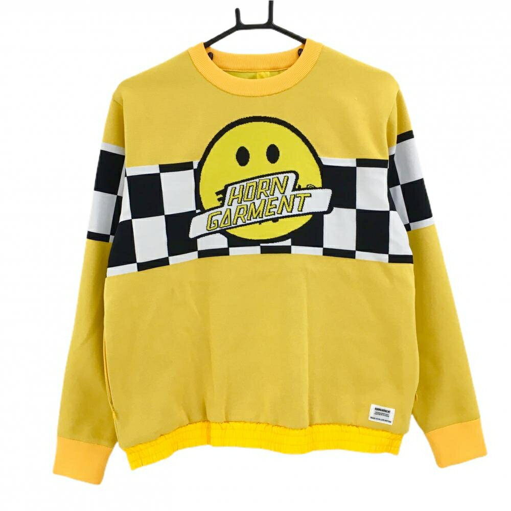 【美品】ホーンガーメント セーター イエロー×白×黒 一部ブロックチェック マークアンドロナ レディース 40(L) ゴルフウェア MARK＆LONA