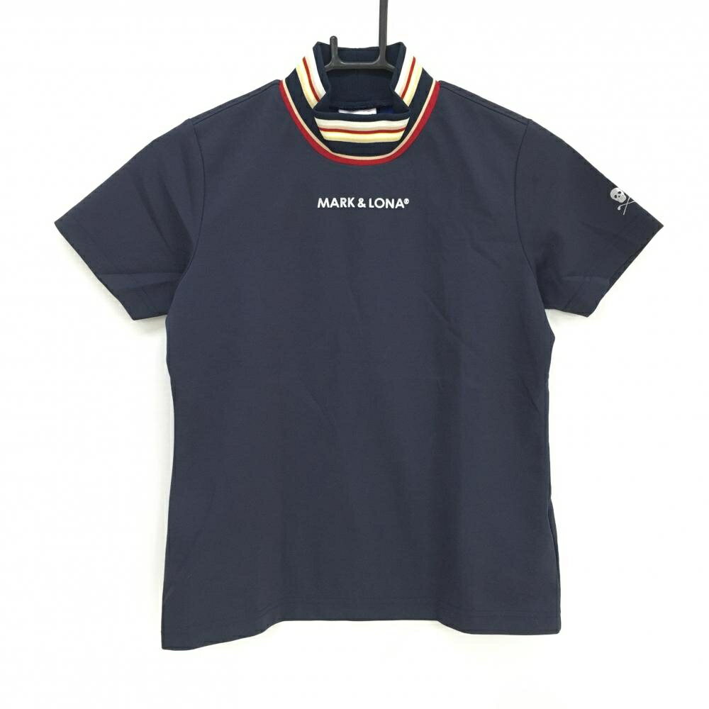 MARK & LONA - 【美品】マークアンドロナ 半袖ハイネックシャツ ダークネイビー×レッド ネックボーダー レディース 38(M) ゴルフウェア MARK＆LONA