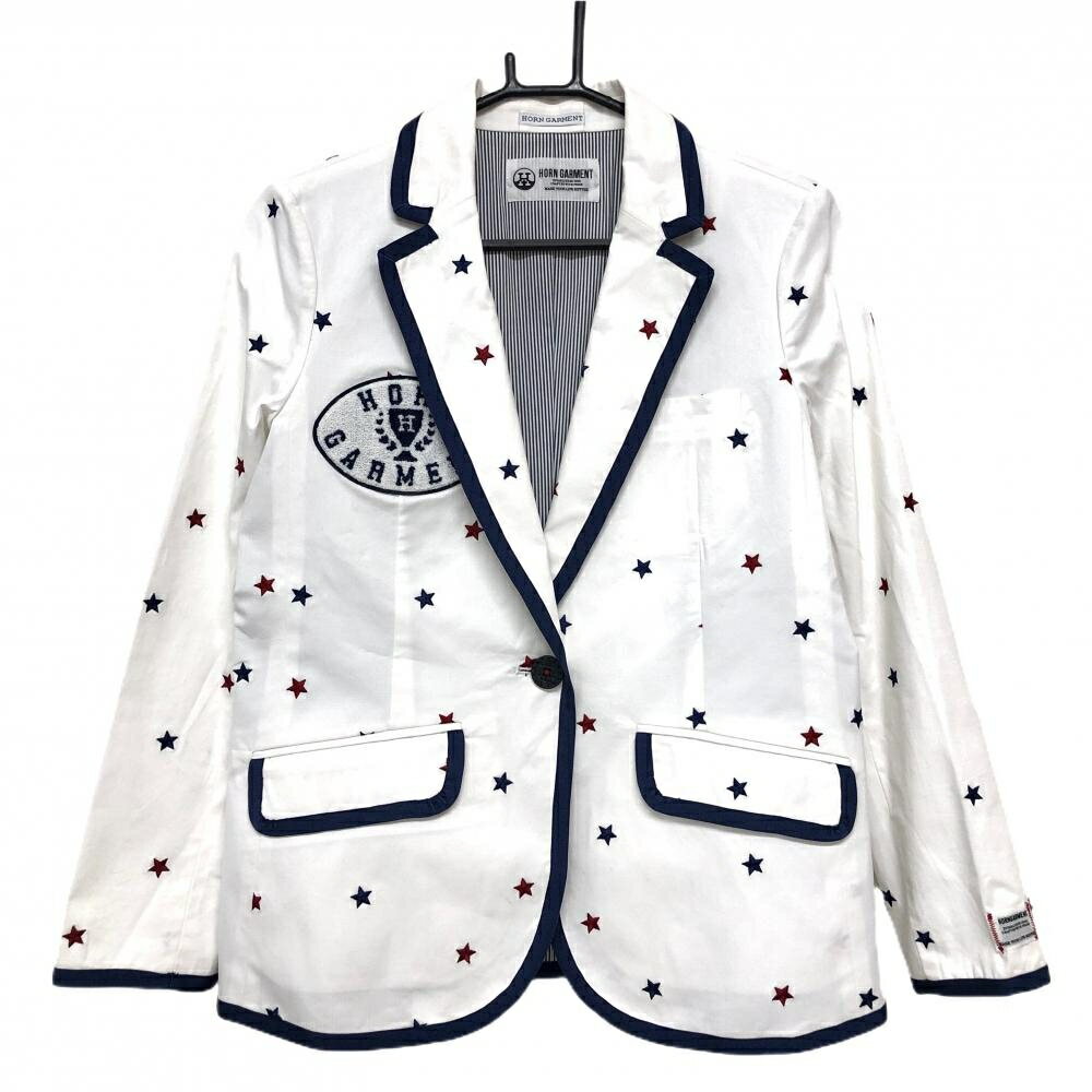 ホーンガーメント テーラードジャケット 白×ネイビー×レッド 星総柄 マークアンドロナ レディース M ゴルフウェア MARK＆LONA