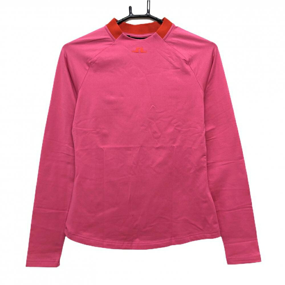 【美品】ジェイリンドバーグ 長袖ハイネックシャツ ピンク×レッド 裏微起毛 レディース S ゴルフウェア J．LINDEBERG
