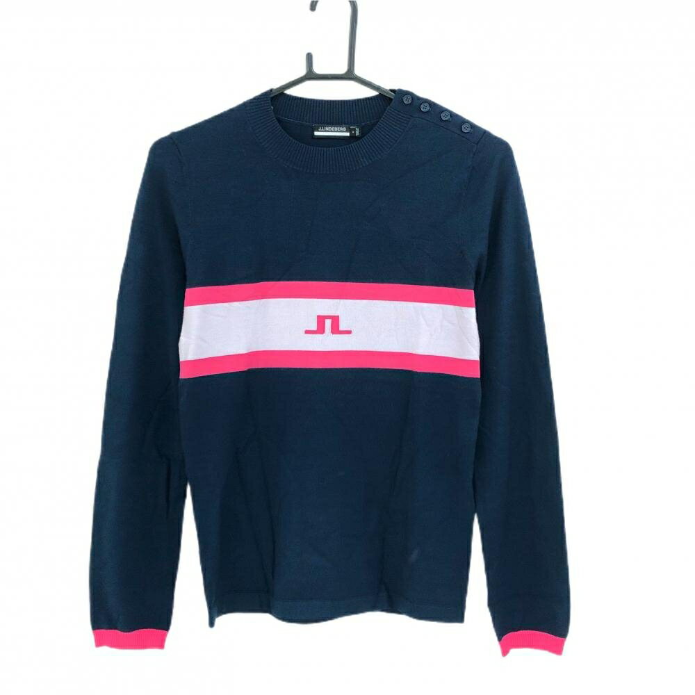 【超美品】ジェイリンドバーグ セーター ネイビー×ピンク ニット 薄手 レーヨン混 レディース S ゴルフウェア J．LINDEBERG