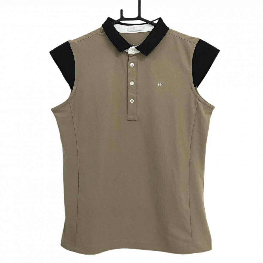 【超美品】ヒールクリーク 半袖ポロシャツ ブラウン×黒 袖ニット レディース 42(L) ゴルフウェア Heal Creek