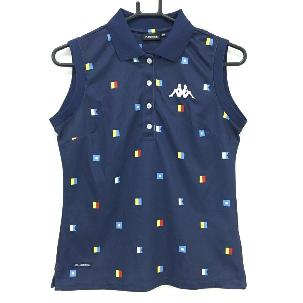 Marie Claire - 【超美品】カッパ ノースリーブポロシャツ ネイビー×イエロー×ライトブルー 総柄 ビッグロゴ刺しゅう レディース M ゴルフウェア Kappa
