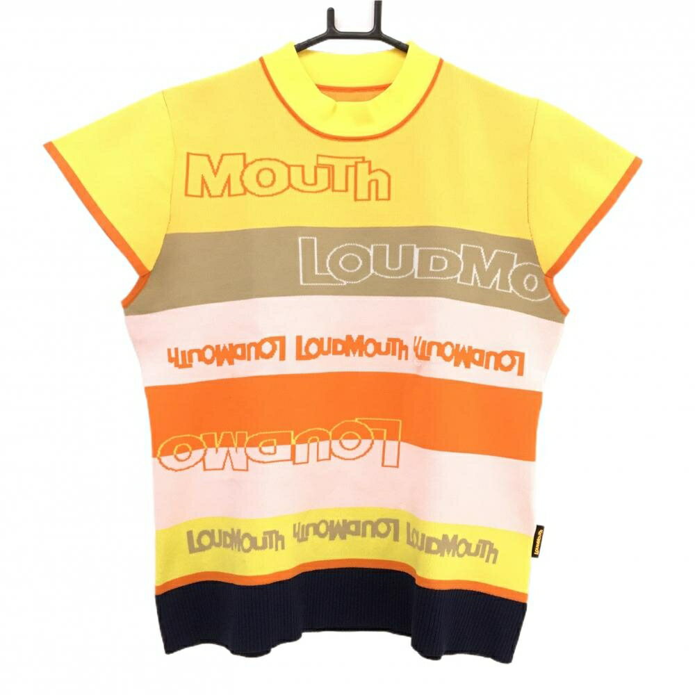 【新品】ラウドマウス 半袖セーター イエロー×オレンジ ボーダー ロゴ ニット レディース LL ゴルフウェア LOUDMOUTH