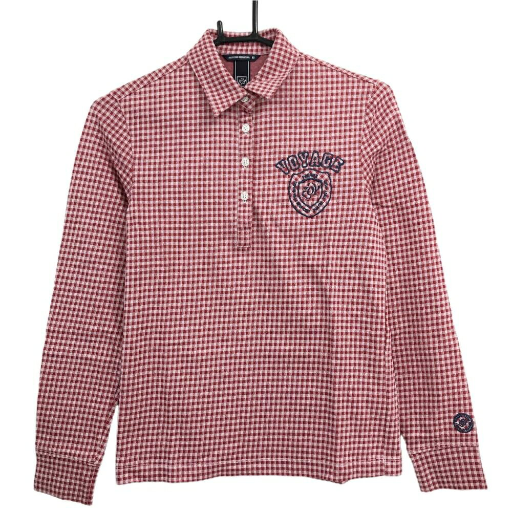 【超美品】ゾーイ 長袖ポロシャツ レッド×白 チェック柄 ロゴ刺しゅう レディース 40(L) ゴルフウェア ZOY