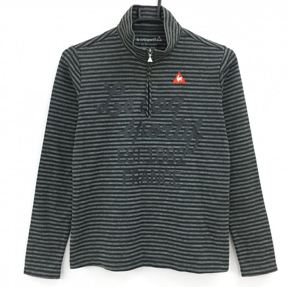 Le Coq - 【超美品】ルコック 長袖ハイネックシャツ 黒×グレー ボーダー ハーフジップ ロゴプリント レディース L ゴルフウェア le coq sportif