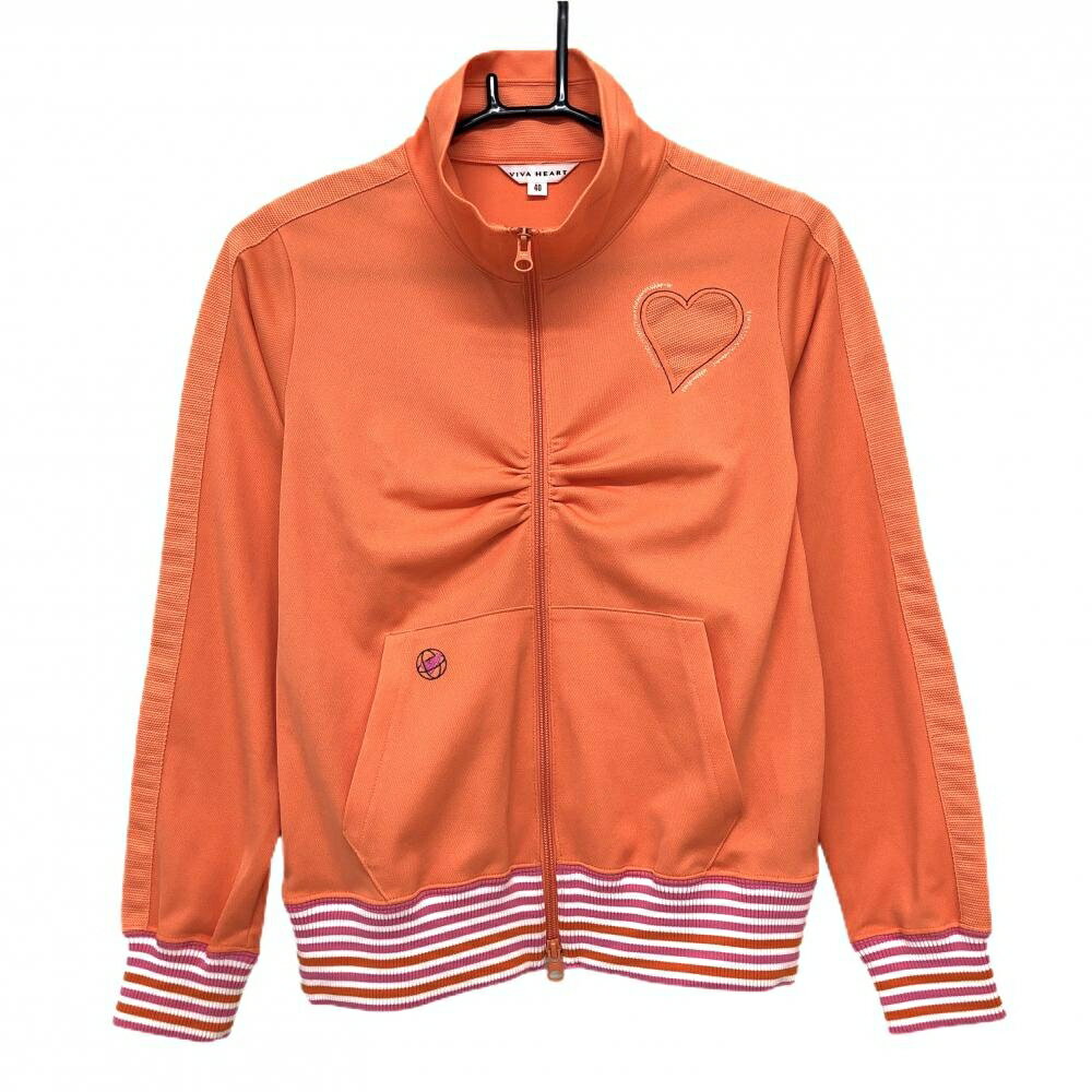 VIVA HEART - 【超美品】ビバハート ジャケット オレンジ ハート 袖口ボーダー 胸元シャーリング レディース 40(M) ゴルフウェア VIVA HEART