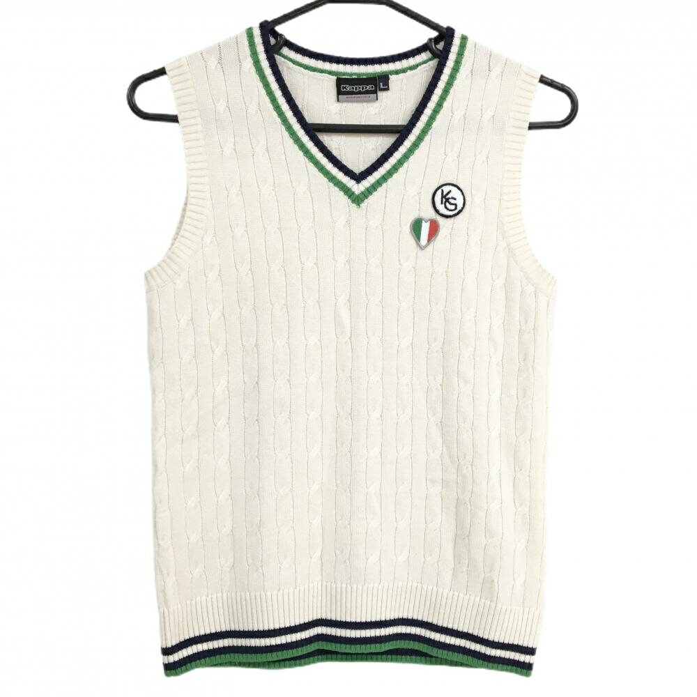 Vests - 【超美品】カッパ ニットベスト 白系×ネイビー×グリーン 胸ワッペン ウール混 Vネック レディース L ゴルフウェア Kappa