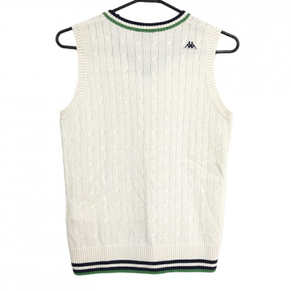 【超美品】カッパ ニットベスト 白系×ネイビー×グリーン 胸ワッペン ウール混 Vネック レディース L ゴルフウェア Kappa