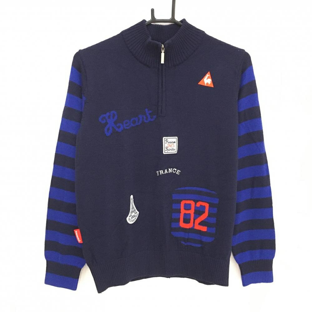 【美品】ルコックゴルフ ハイネックセーター ネイビー×ブルー ハーフジップ 袖ボーダー ニット レディース L ゴルフウェア le coq sportif