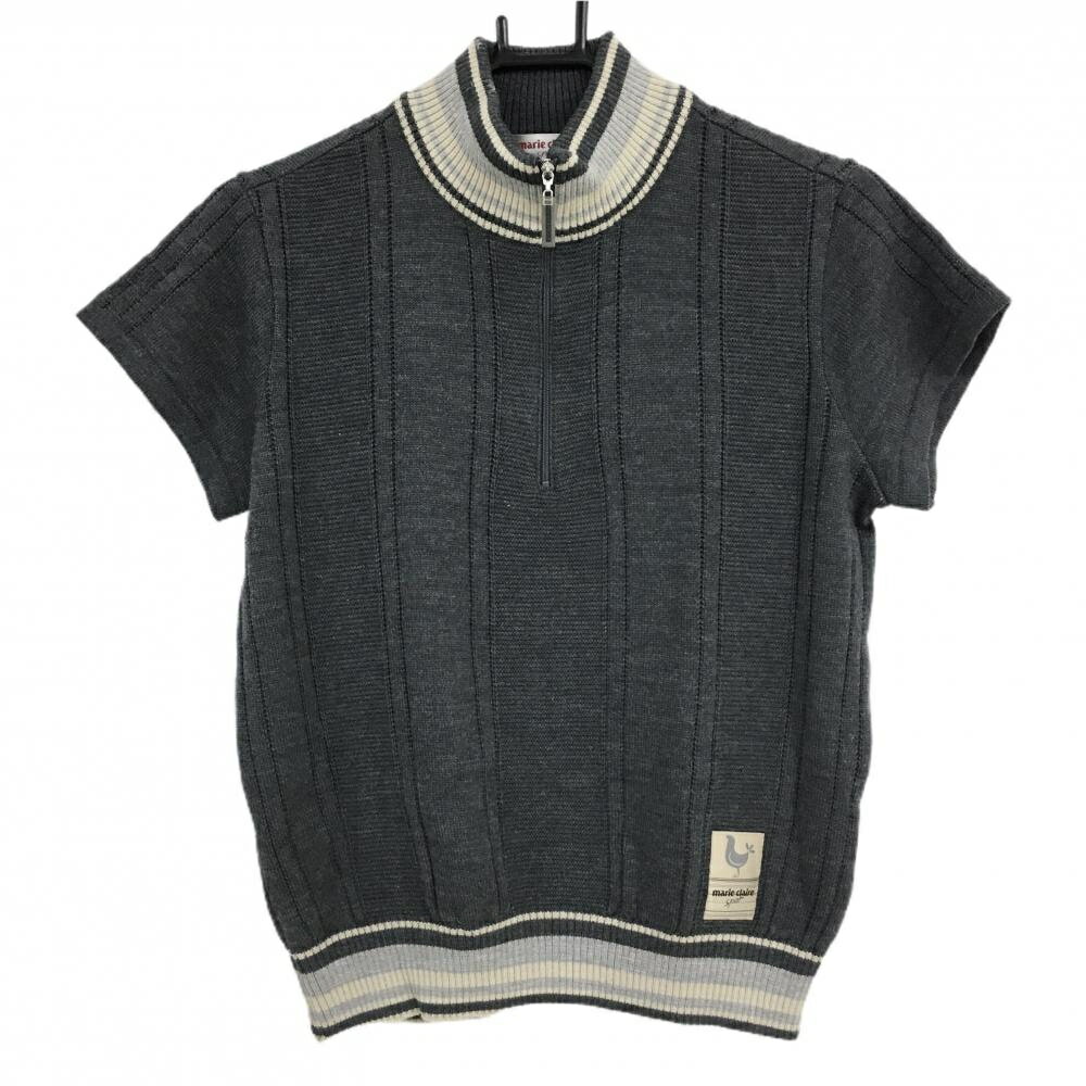 【美品】マリクレール 半袖ハイネックセーター 杢ダークグレー系×ベージュ系×ライトグレー系 レディース M ゴルフウェア marie claire