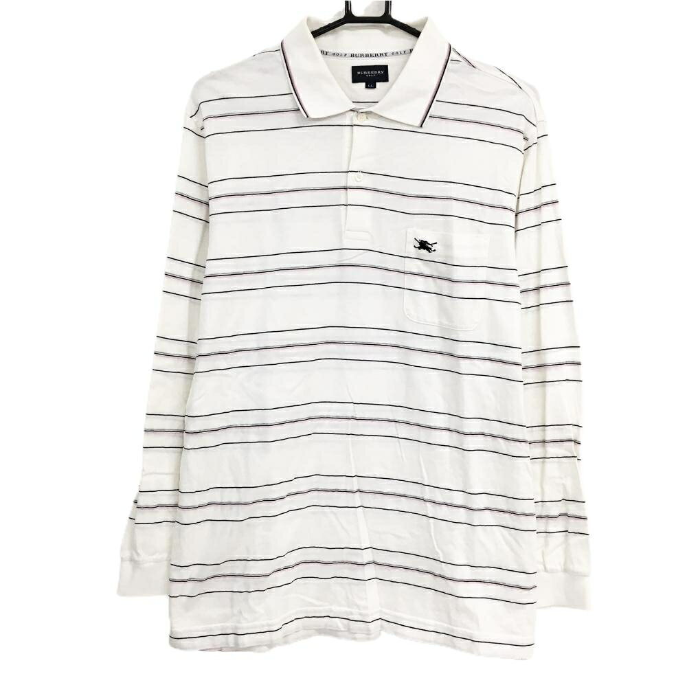 BURBERRY Golf - バーバリー 長袖ポロシャツ 白×黒×ピンク ボーダ 胸ポケット メンズ LL ゴルフウェア BURBERRY GOLF