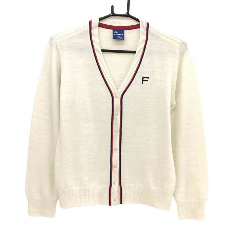 FIDRA - 【超美品】フィドラ Vネックカーディガン 白×レッド×ネイビー ウール混 ロゴ刺しゅう レディース M/M ゴルフウェア FIDRA