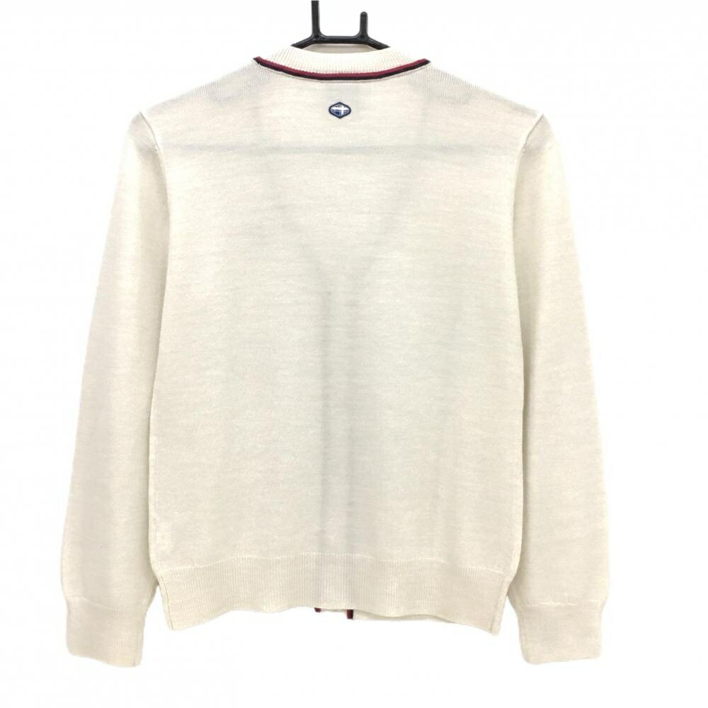 【超美品】フィドラ Vネックカーディガン 白×レッド×ネイビー ウール混 ロゴ刺しゅう レディース M/M ゴルフウェア FIDRA