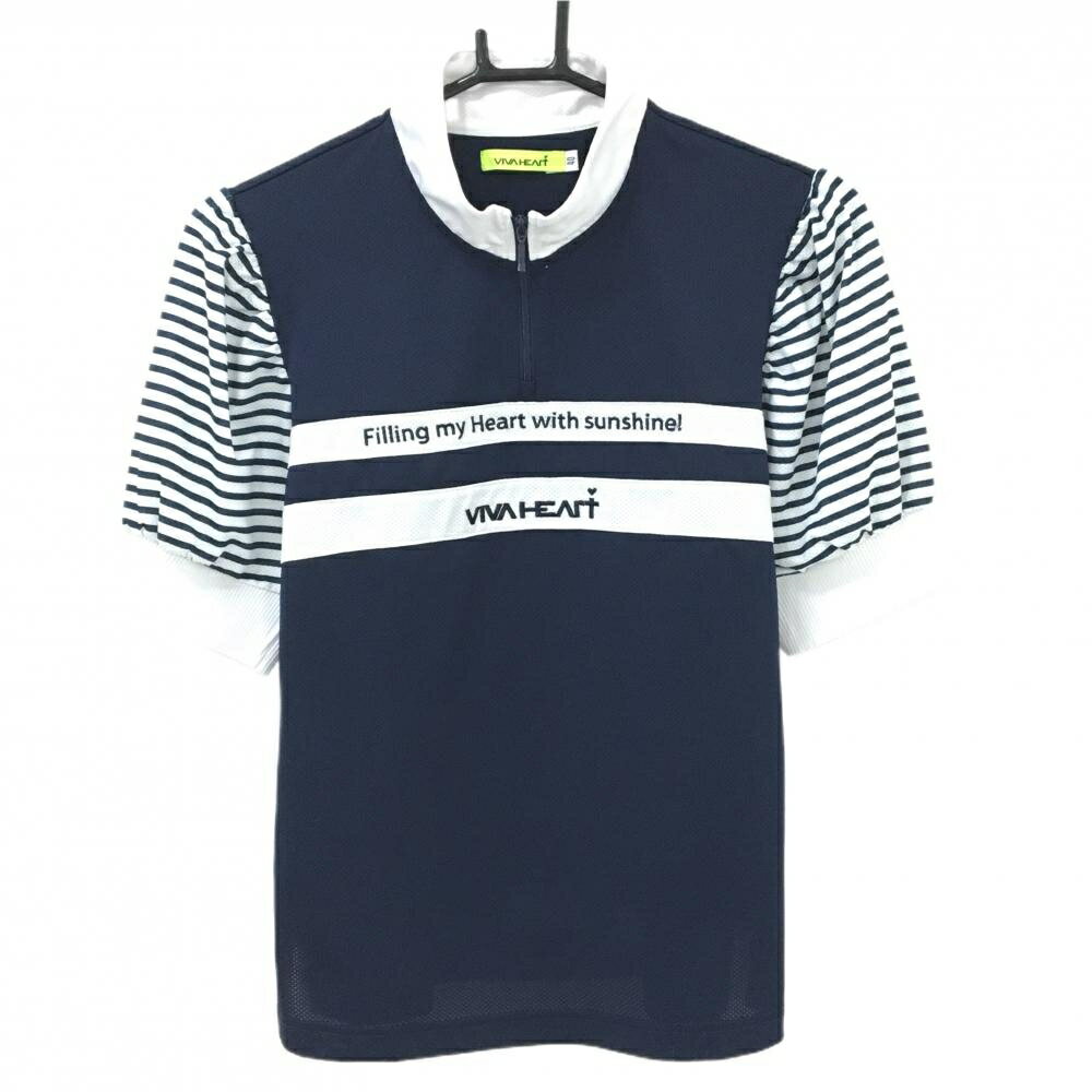 VIVA HEART - 【美品】ビバハート 半袖ハイネックシャツ ネイビー×白 ハーフジップ 袖ボーダー レディース 40(M) ゴルフウェア VIVA HEART