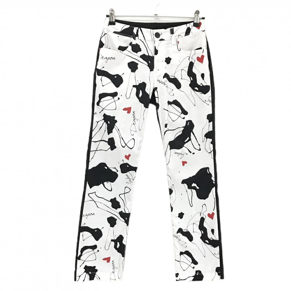 【美品】ダンスウィズドラゴン パンツ 白×黒 前面総柄 ストレッチ レディース 2(M) ゴルフウェア Dance With Dragon