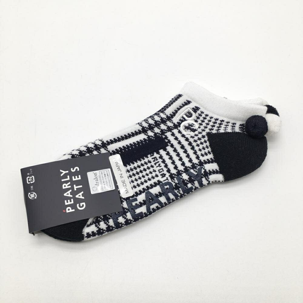 【新品】パーリーゲイツ ソックス 黒×白 くるぶし丈 総柄 ボンボン付き レディース FR ゴルフウェア PEARLY GATES