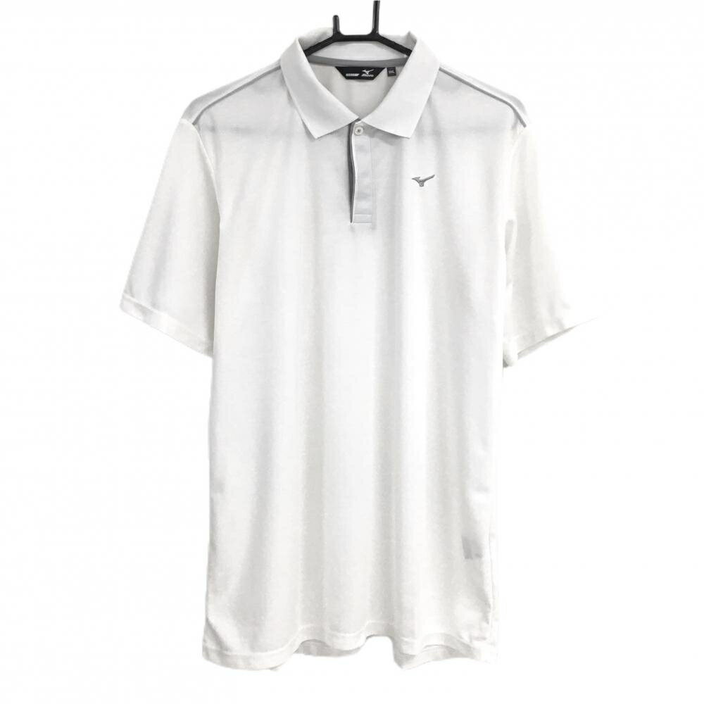 【美品】ミズノゴルフ 半袖ポロシャツ 白 ロゴ・肩パイピンググレー メンズ 2XL ゴルフウェア MIZUNO