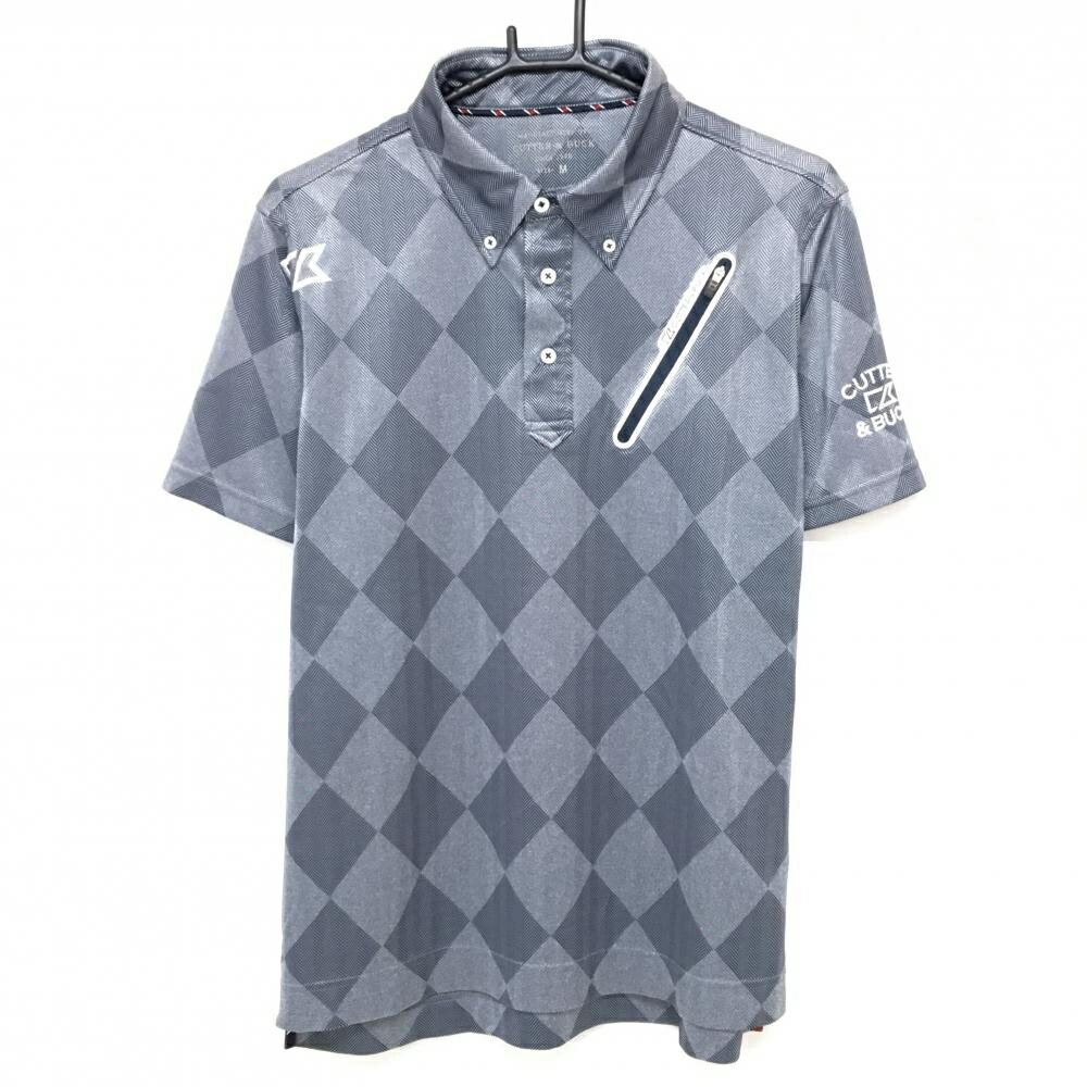 CUTTER & BUCK - カッターアンドバック 半袖ポロシャツ グレー×ネイビー ダイヤ柄 ヘリンボーン地模様 ボタンダウン メンズ M ゴルフウェア CUTTER＆BUCK
