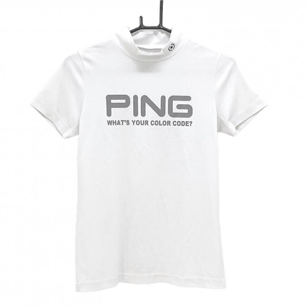 Polo衫 - 【美品】ピン 半袖ハイネックシャツ 白 ロゴグレー ストレッチ レディース S ゴルフウェア PING