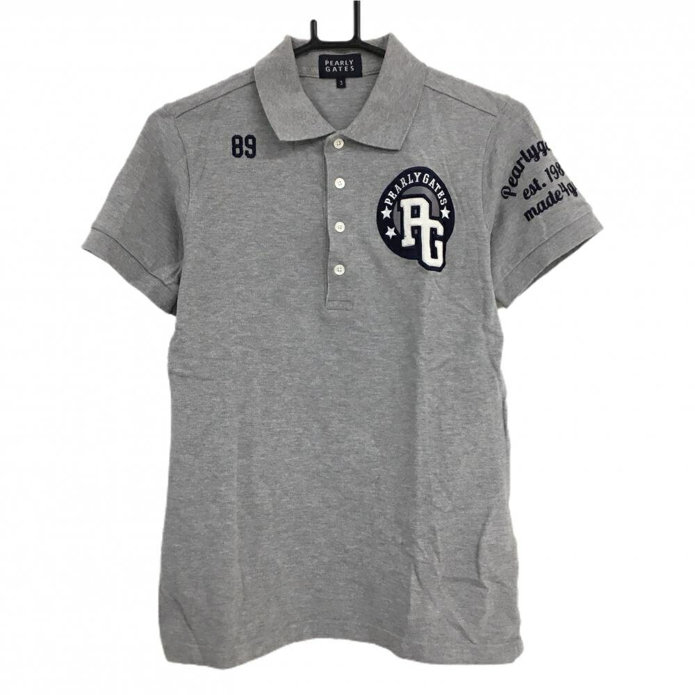 Untitled Sport - 【美品】パーリーゲイツ 半袖ポロシャツ グレー×ネイビー パイルロゴワッペン 襟裏プリント メンズ 3(S) ゴルフウェア PEARLY GATES