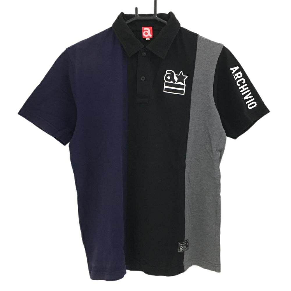Other - アルチビオ 半袖ポロシャツ 黒×ネイビー 切替 ワッペン メンズ 46(M) ゴルフウェア archivio