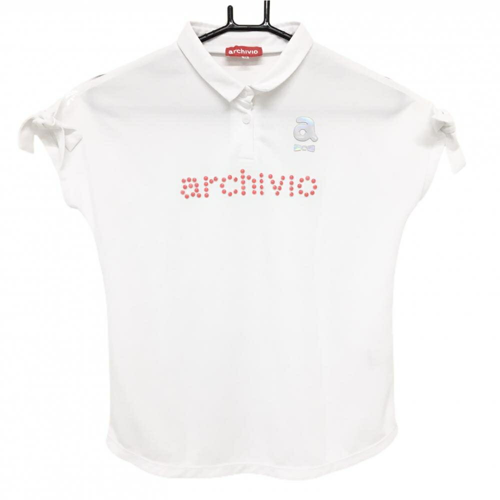 Polo Shirt - 【超美品】アルチビオ 半袖ポロシャツ 白×サーモンピンク系 フロント立体ロゴ 袖リボン レディース 36(S) ゴルフウェア archivio