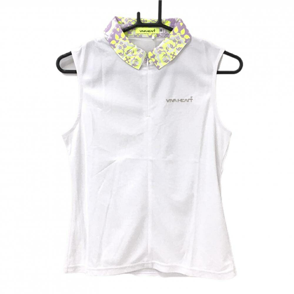 VIVA HEART - 【新品】ビバハート ノースリーブポロシャツ 白×ライトパープル×蛍光イエロー 襟柄 レディース 40(M) ゴルフウェア VIVA HEART