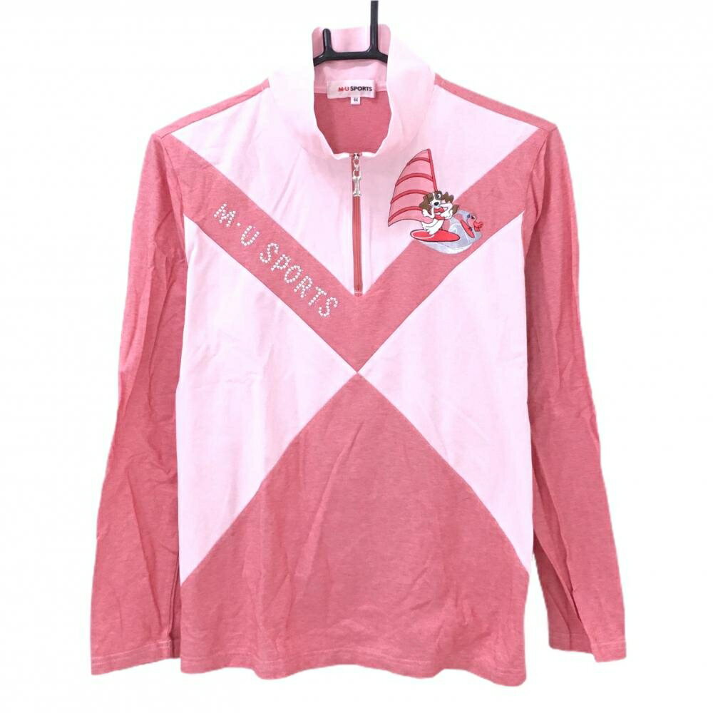 【美品】MUスポーツ 長袖ハイネックシャツ 杢レッド×ピンク ラインストーンロゴ レディース 44(XL) ゴルフウェア M・U SPORTS
