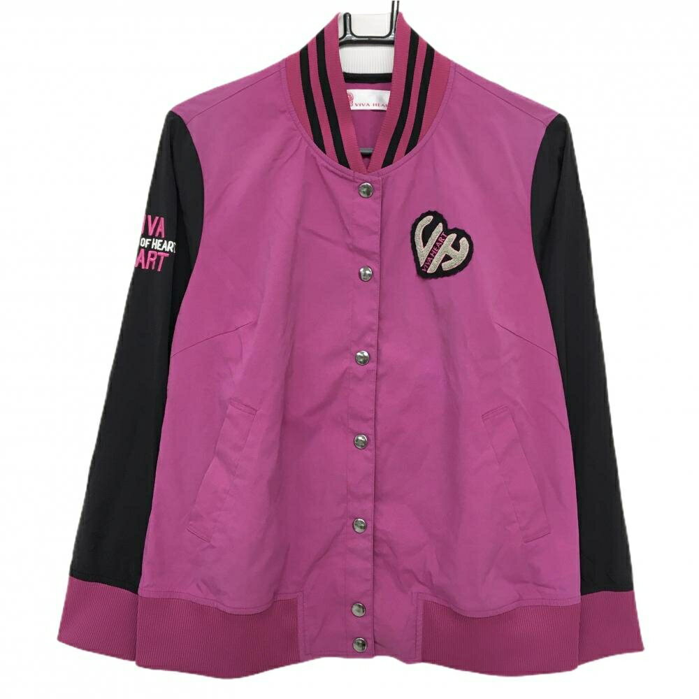 VIVA HEART - ビバハート ジャケットブルゾン パープルピンク×黒 袖ロゴ刺しゅう ハートワッペン レディース 42(L) ゴルフウェア VIVA HEART