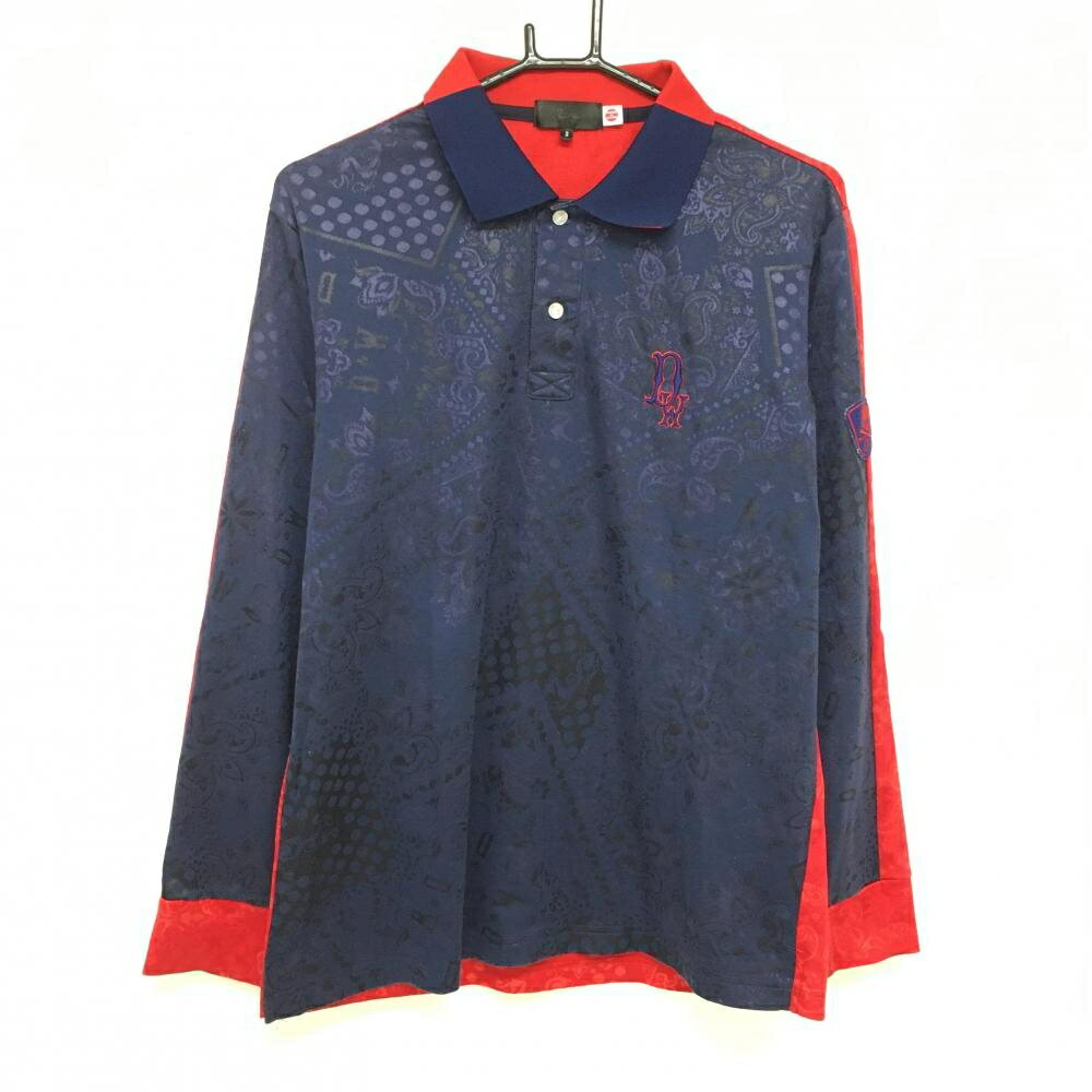Men'S Wear - 【美品】ダンスウィズドラゴン 長袖ポロシャツ ネイビー系×レッド系 総柄 胸ロゴ刺しゅう メンズ 3(L) ゴルフウェア Dance With Dragon