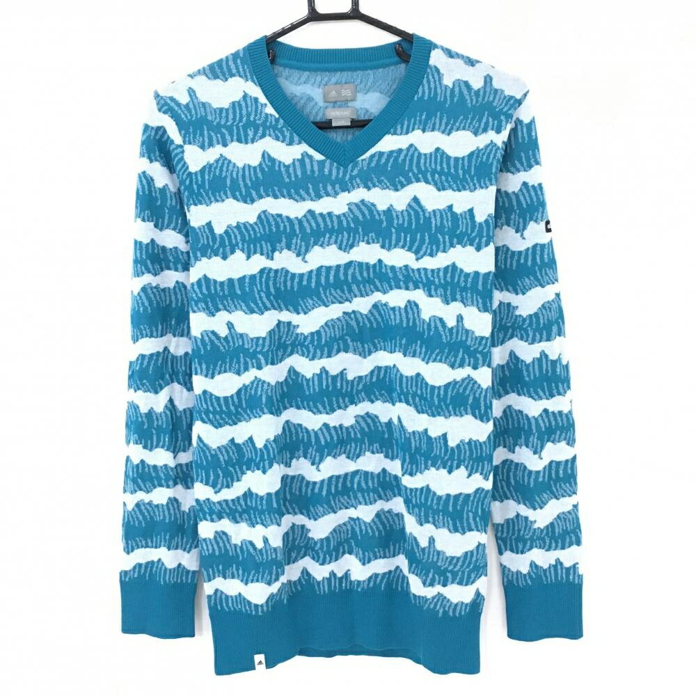 ADIDAS - 【超美品】アディダス セーター ターコイズブルー×白 Vネック サマーニット 薄手 総柄 メンズ L/G ゴルフウェア adidas