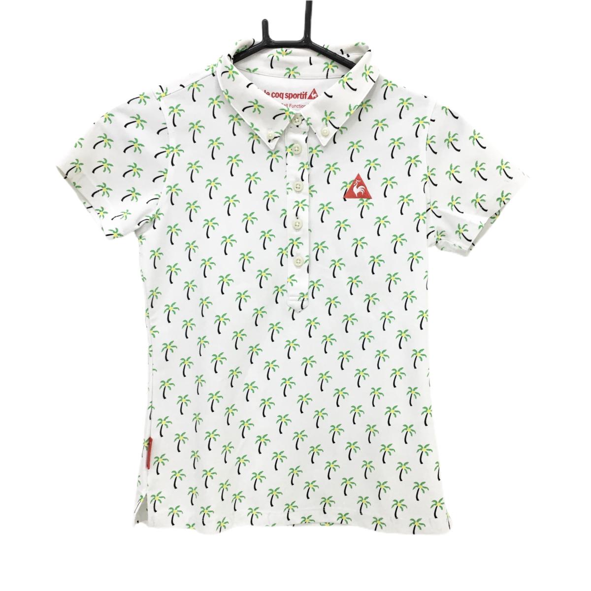 Untitled Sport - 【美品】ルコックゴルフ 半袖ポロシャツ 白×ライトグリーン ヤシの木総柄 ボタンダウン レディース S ゴルフウェア le coq sportif