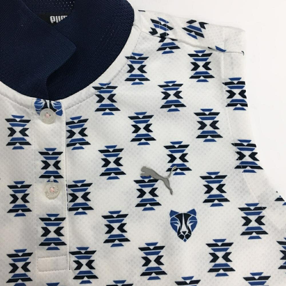 【超美品】プーマ ノースリーブポロシャツ 白×ネイビー 総柄 襟一部メッシュ レデ...