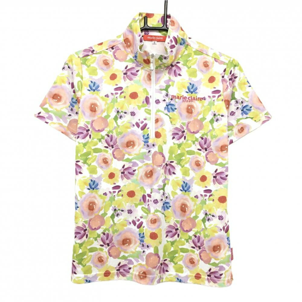 Rakuten - 【超美品】マリクレールスポール 半袖ハイネックシャツ 白×マルチカラー 花柄 ハーフジップ レディース L ゴルフウェア marie claire