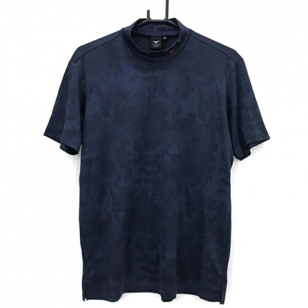 【超美品】ミズノ 半袖ハイネックシャツ ネイビー カモフラ地模様 迷彩 メンズ M ゴルフウェア MIZUNO