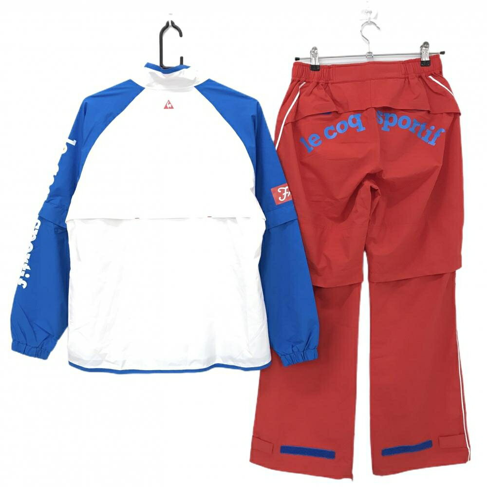 【超美品】ルコックゴルフ レインウェア(2WAYジャケット×パンツ) 白×ブルー×レッド レディース L ゴルフウェア le coq sportif