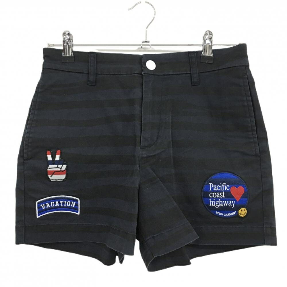 ホーンガーメント ショートパンツ ネイビー×黒 ボーダー風 マークアンドロナ ニコちゃん レディース 38(M) ゴルフウェア MARK＆LONA