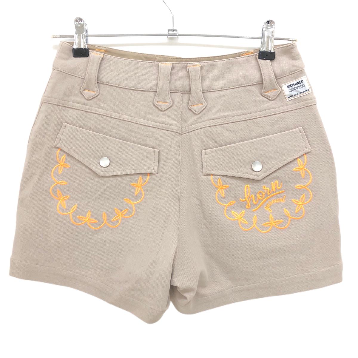 【超美品】ホーンガーメント ショートパンツ ベージュ×蛍光オレンジ ストレッチ レディース 38(M) ゴルフウェア MARK＆LONA
