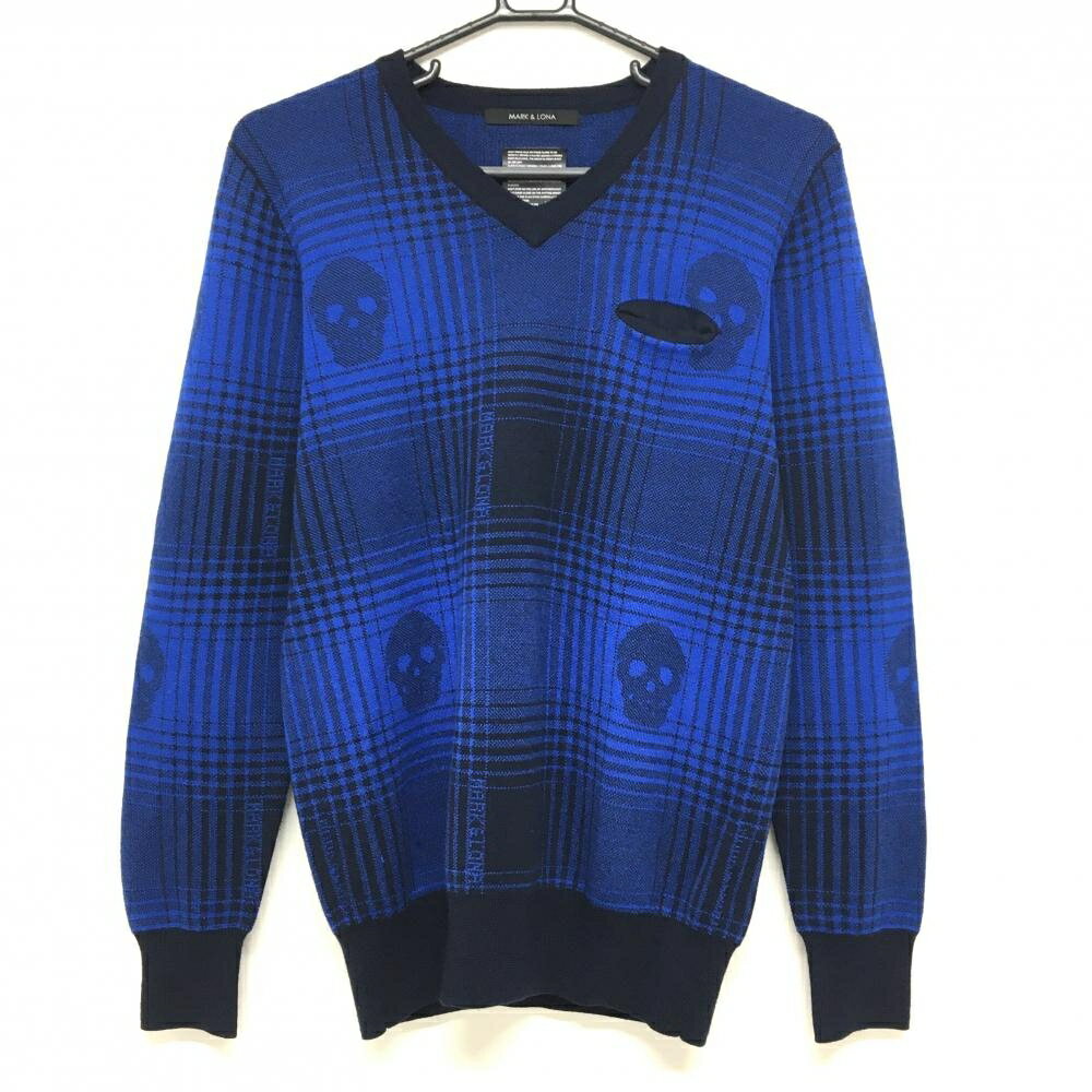 【美品】マークアンドロナ セーター ブルー×黒 チェック ニット ウール混 Vネック スカル メンズ S ゴルフウェア MARK＆LONA
