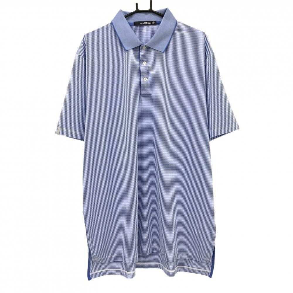 【超美品】RLXラルフローレン 半袖ポロシャツ ブルー×白 ボーダー 袖ロゴ ストレッチ メンズ XL ゴルフウェア Ralph Lauren