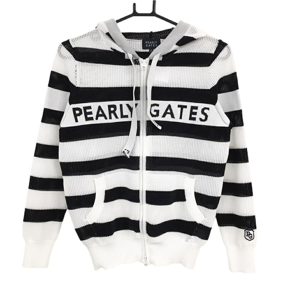 PEARLY GATES - 【超美品】パーリーゲイツ ニットジップパーカー 白×ネイビー ボーダー 胸ロゴ レディース 0(S) ゴルフウェア PEARLY GATES